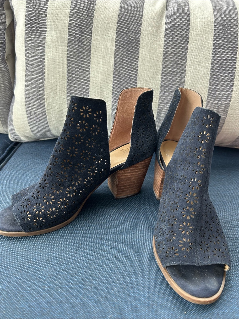 crown & ivy Navy Laser-Cut Peep Toe Block Heel Booties